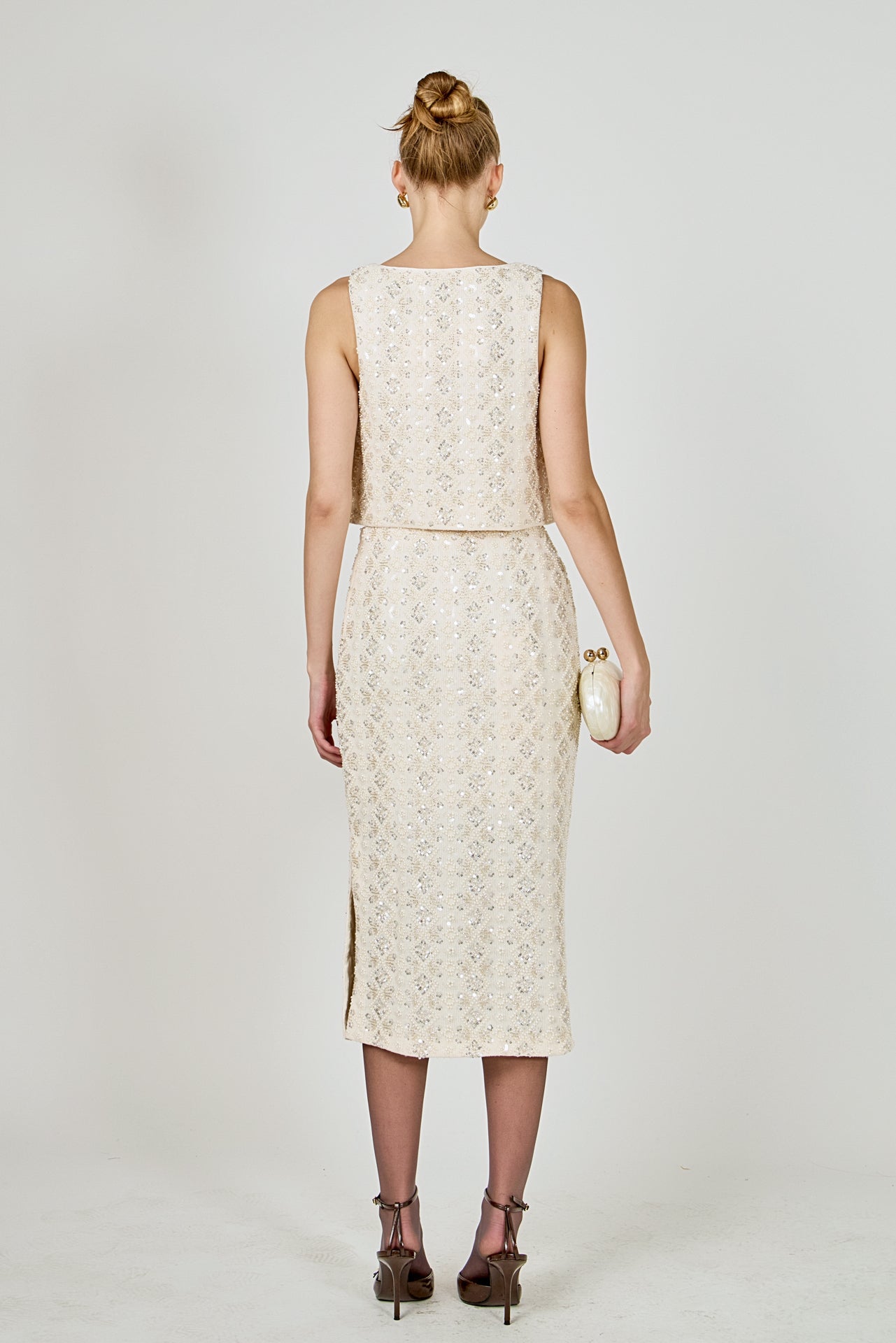 ENDLESS ROSE - Beaded Pearl Midi Skirt - SKIRTS available at Objectrare