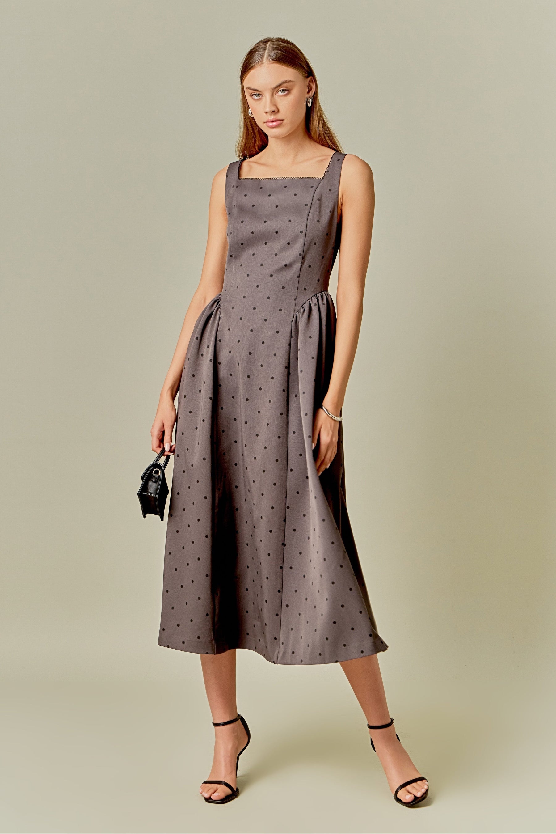 ENDLESS ROSE - Square Neck Polka Dot Gathered Waist Midi Dress - DRESSES available at Objectrare