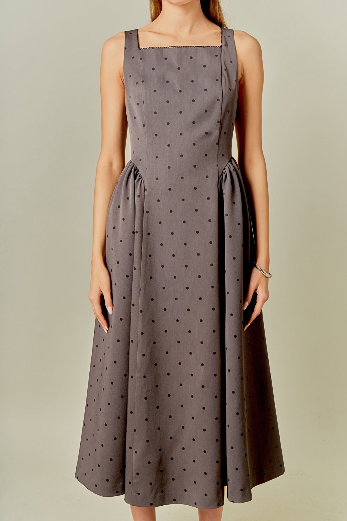 Square Neck Polka Dot Gathered Waist Midi Dress