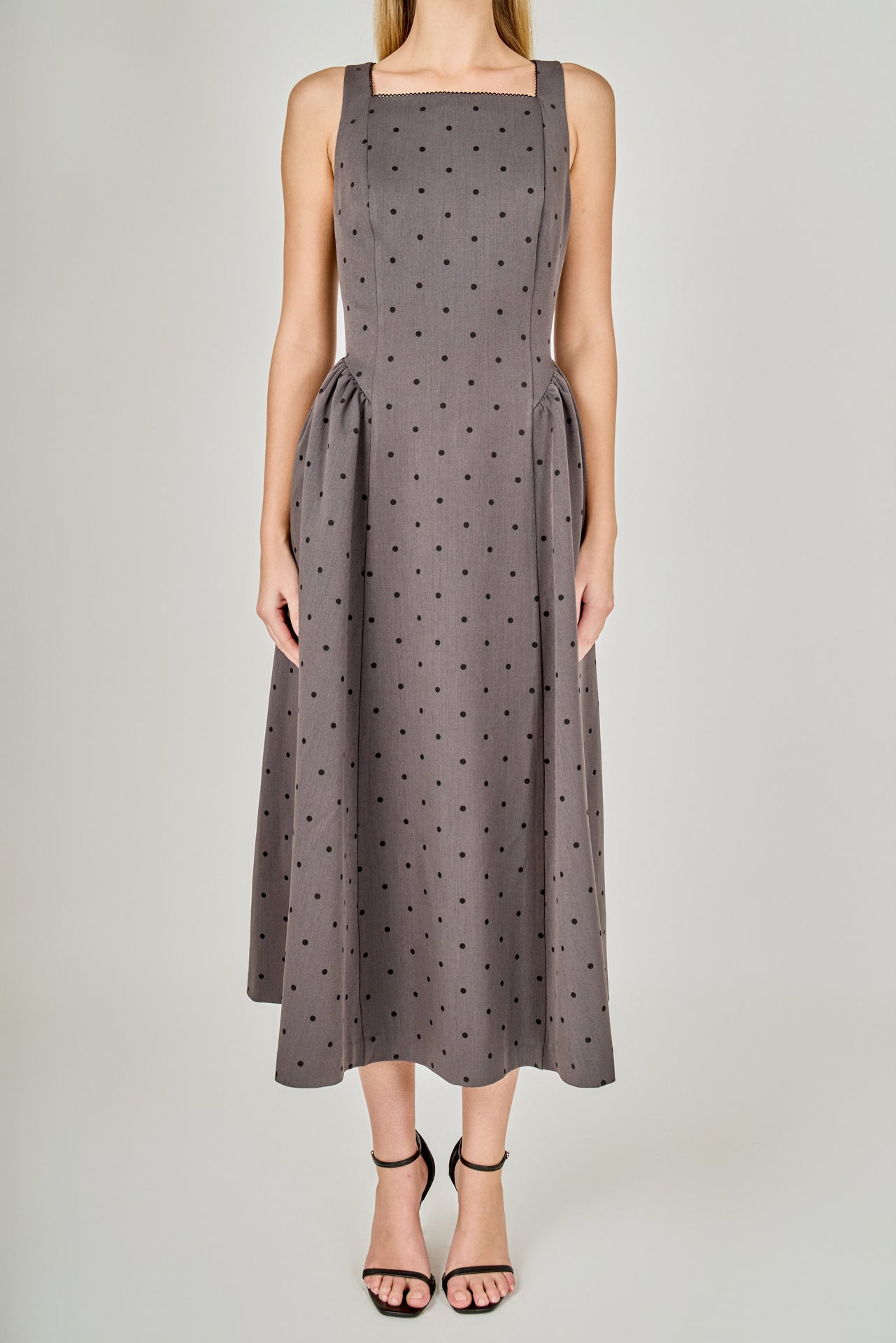 ENDLESS ROSE - Square Neck Polka Dot Gathered Waist Midi Dress - DRESSES available at Objectrare