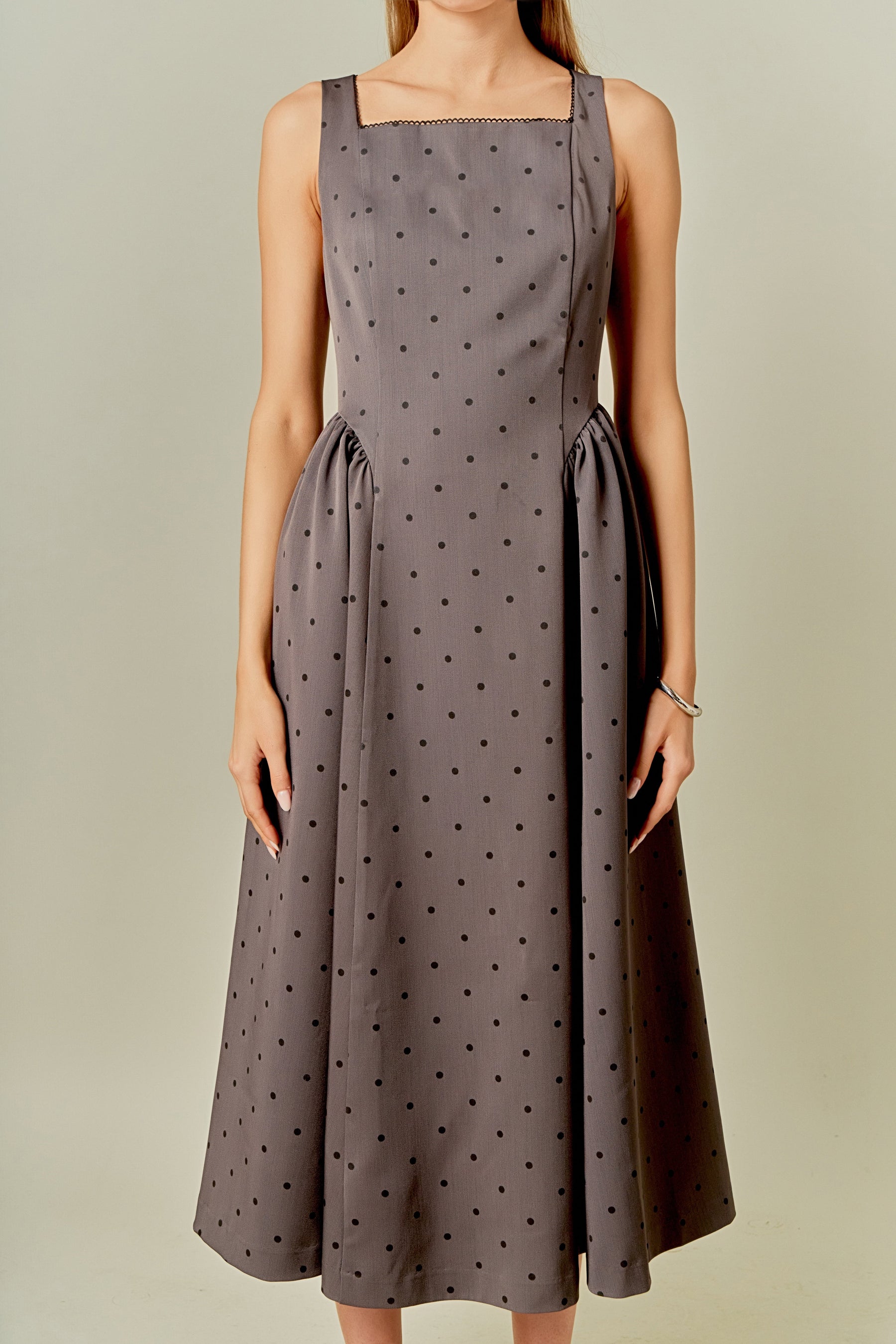 ENDLESS ROSE - Square Neck Polka Dot Gathered Waist Midi Dress - DRESSES available at Objectrare