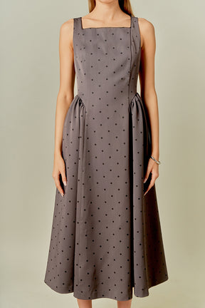 ENDLESS ROSE - Square Neck Polka Dot Gathered Waist Midi Dress - DRESSES available at Objectrare