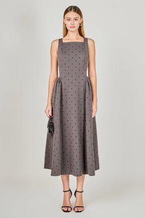 ENDLESS ROSE - Square Neck Polka Dot Gathered Waist Midi Dress - DRESSES available at Objectrare