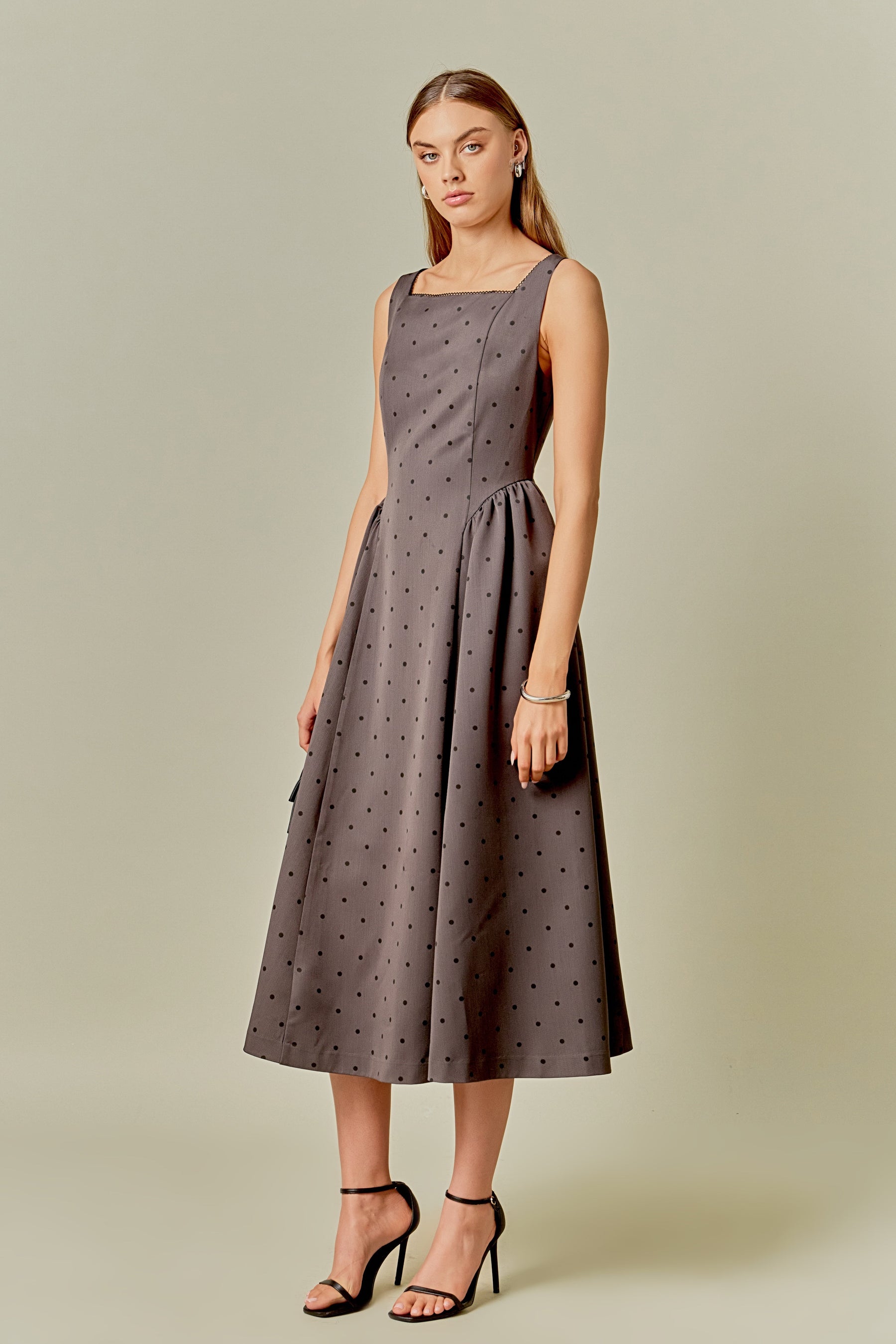 ENDLESS ROSE - Square Neck Polka Dot Gathered Waist Midi Dress - DRESSES available at Objectrare