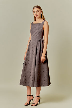ENDLESS ROSE - Square Neck Polka Dot Gathered Waist Midi Dress - DRESSES available at Objectrare