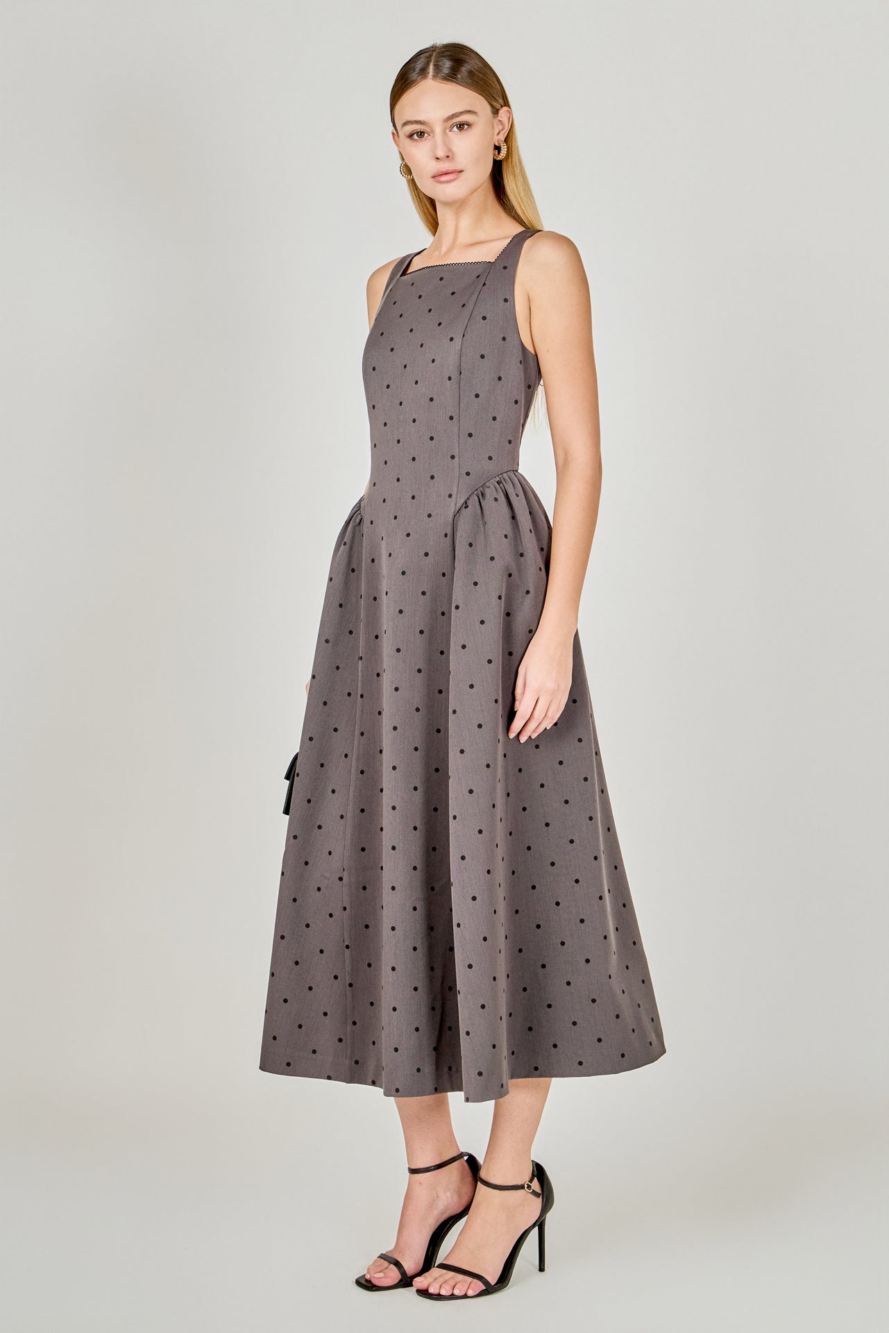 ENDLESS ROSE - Square Neck Polka Dot Gathered Waist Midi Dress - DRESSES available at Objectrare