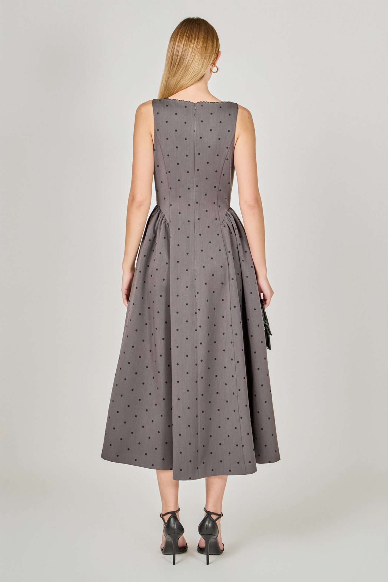 ENDLESS ROSE - Square Neck Polka Dot Gathered Waist Midi Dress - DRESSES available at Objectrare