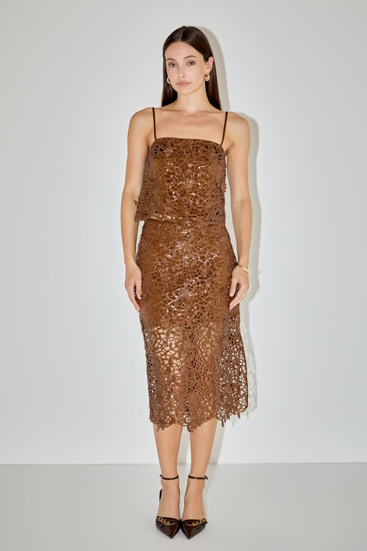 ENDLESS ROSE - Sequin Floral Lace Midi Skirt - SKIRTS available at Objectrare