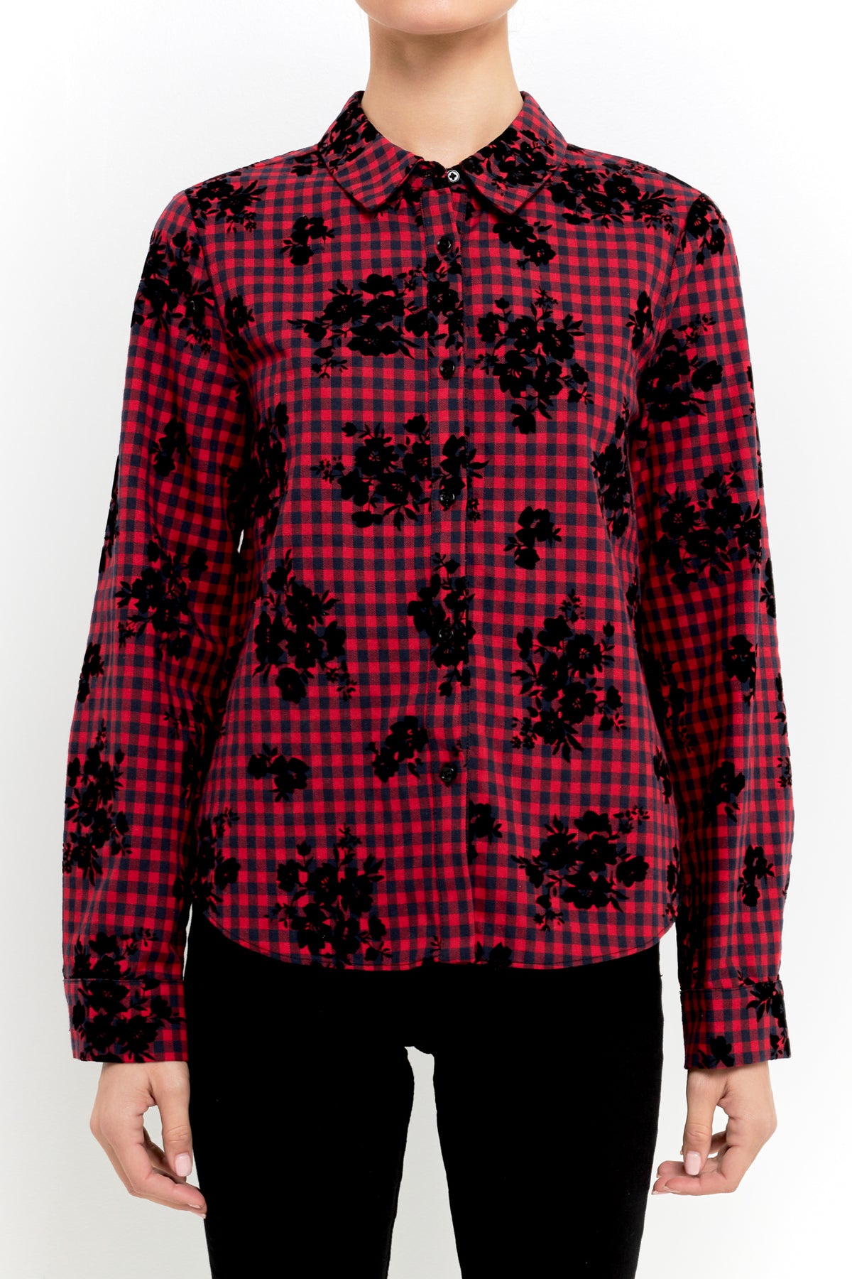 Velvet Floral Long Sleeve Check Shirt