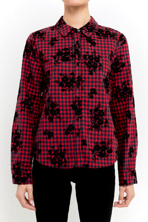 Velvet Floral Long Sleeve Check Shirt