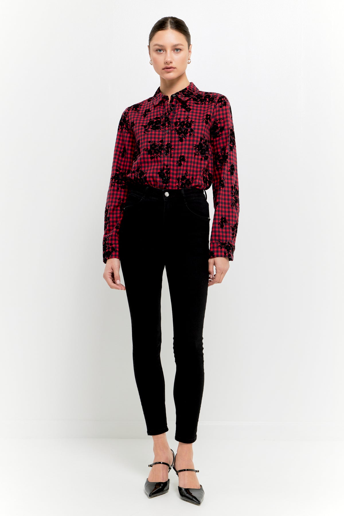 Velvet Floral Long Sleeve Check Shirt