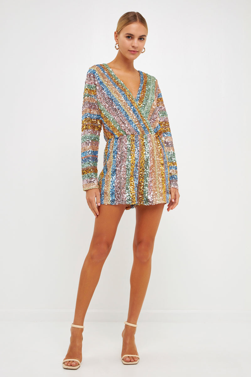 ENDLESS ROSE - Long Sleeve Sequin Romper - ROMPERS available at Objectrare