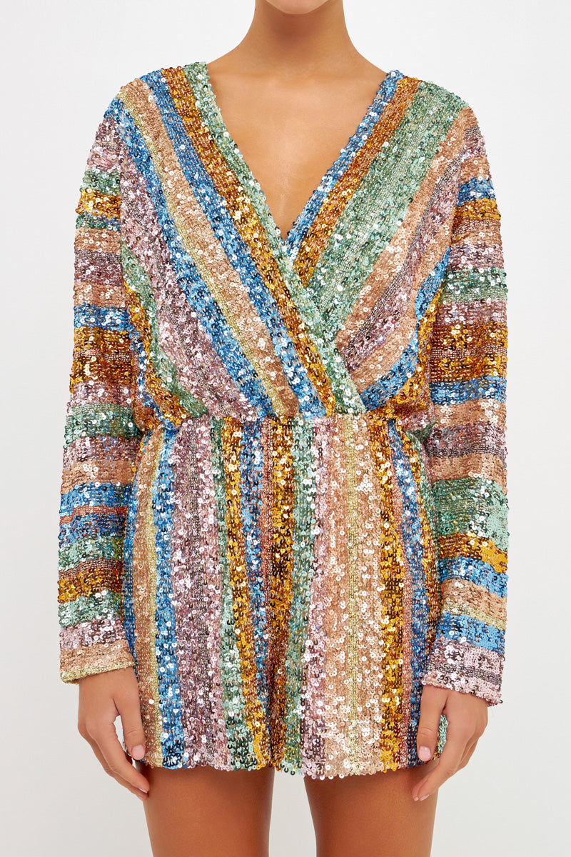 ENDLESS ROSE - Long Sleeve Sequin Romper - ROMPERS available at Objectrare
