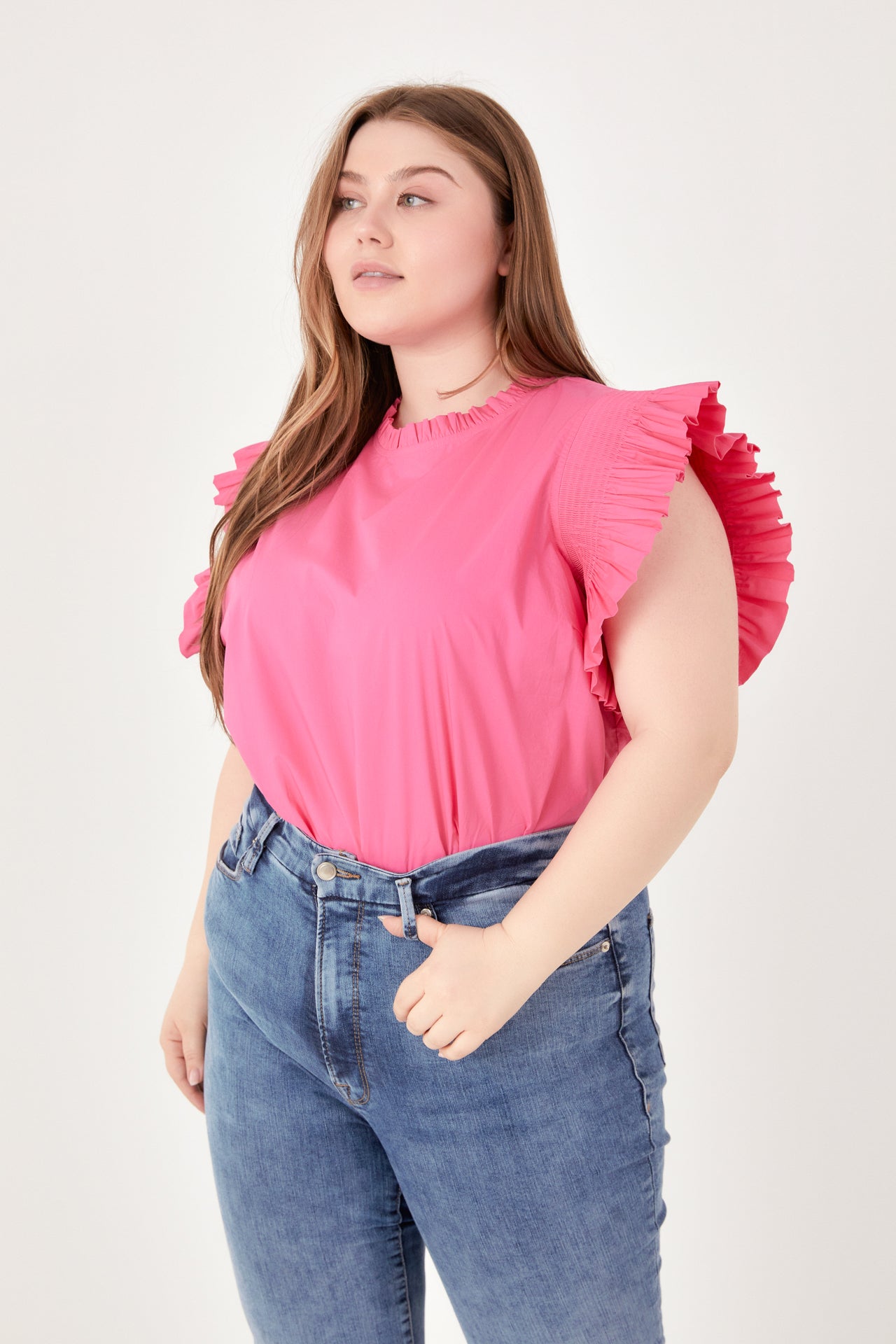 ENGLISH FACTORY - Plus Size Ruffle Sleeve Poplin Top - TOPS available at Objectrare