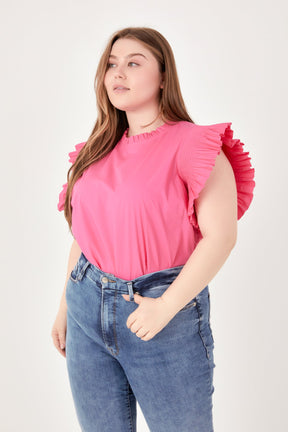 ENGLISH FACTORY - Plus Size Ruffle Sleeve Poplin Top - TOPS available at Objectrare