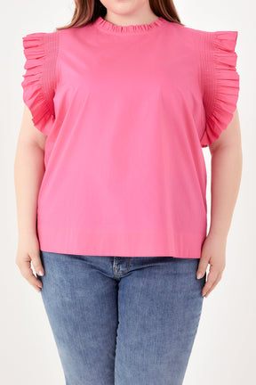 ENGLISH FACTORY - Plus Size Ruffle Sleeve Poplin Top - TOPS available at Objectrare