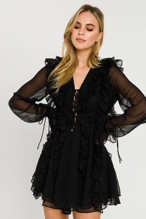 ENDLESS ROSE - Long-Sleeve Ruffle Mini Dress - DRESSES available at Objectrare