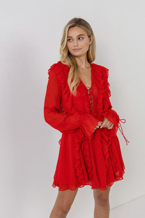 ENDLESS ROSE - Long-Sleeve Ruffle Mini Dress - DRESSES available at Objectrare