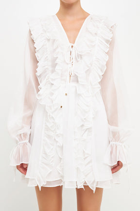Long-Sleeve Ruffle Mini Dress