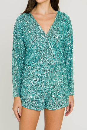 ENDLESS ROSE - Endless Rose - Sequin Wrap Long Sleeves Romper - ROMPERS available at Objectrare