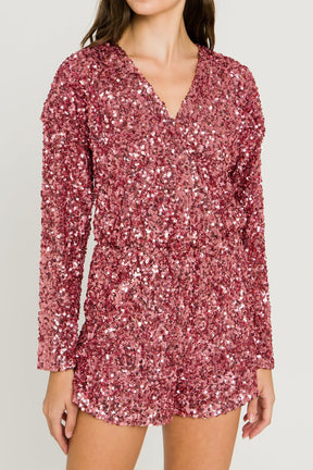 ENDLESS ROSE - Endless Rose - Sequin Wrap Long Sleeves Romper - ROMPERS available at Objectrare