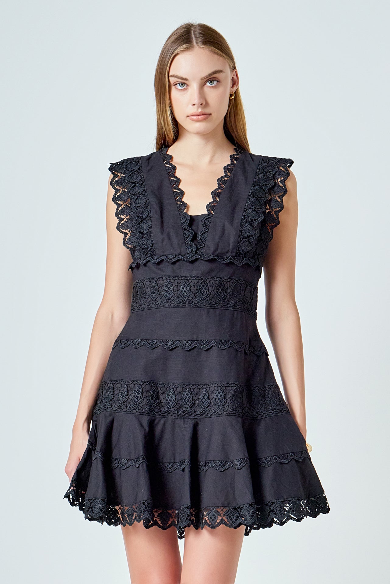 ENDLESS ROSE - Plunging Neck Lace Trim Dress - DRESSES available at Objectrare