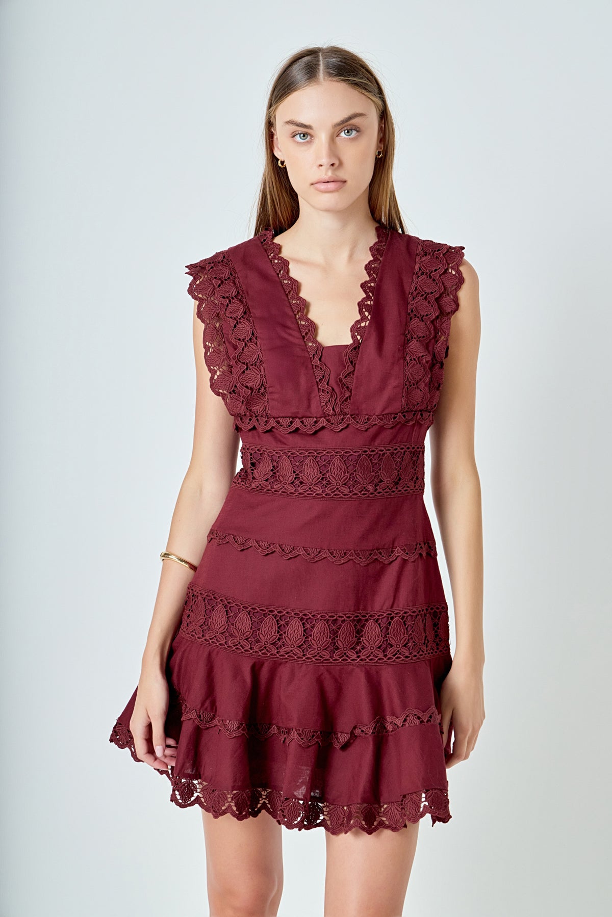 ENDLESS ROSE - Plunging Neck Lace Trim Dress - DRESSES available at Objectrare