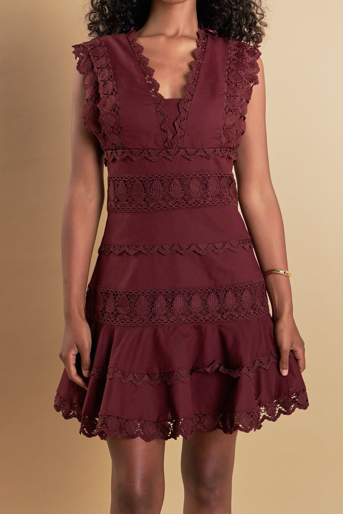 Plunging Neck Lace Trim Dress