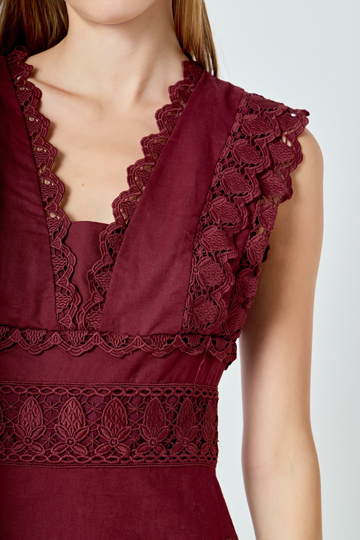 ENDLESS ROSE - Plunging Neck Lace Trim Dress - DRESSES available at Objectrare