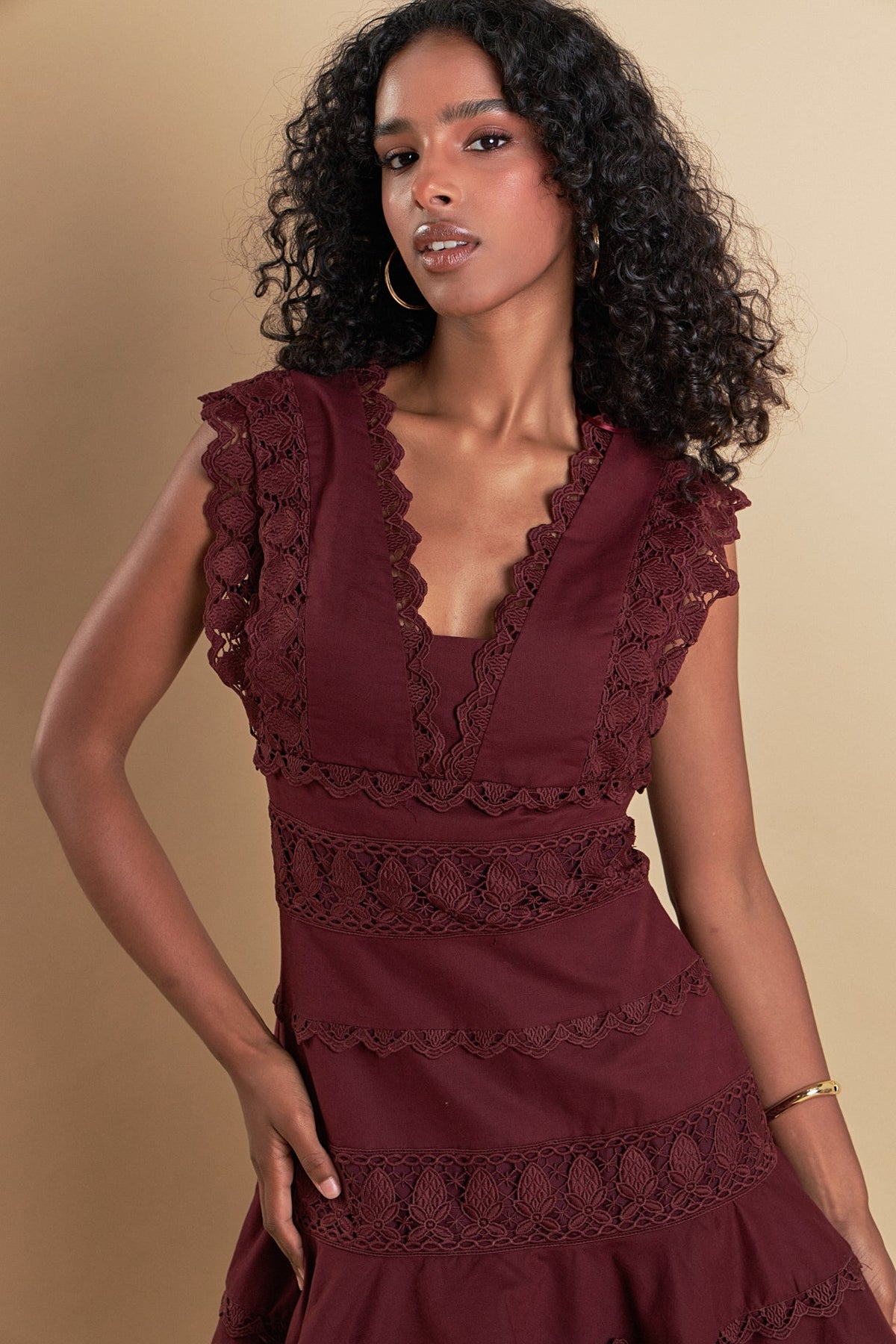 Plunging Neck Lace Trim Dress