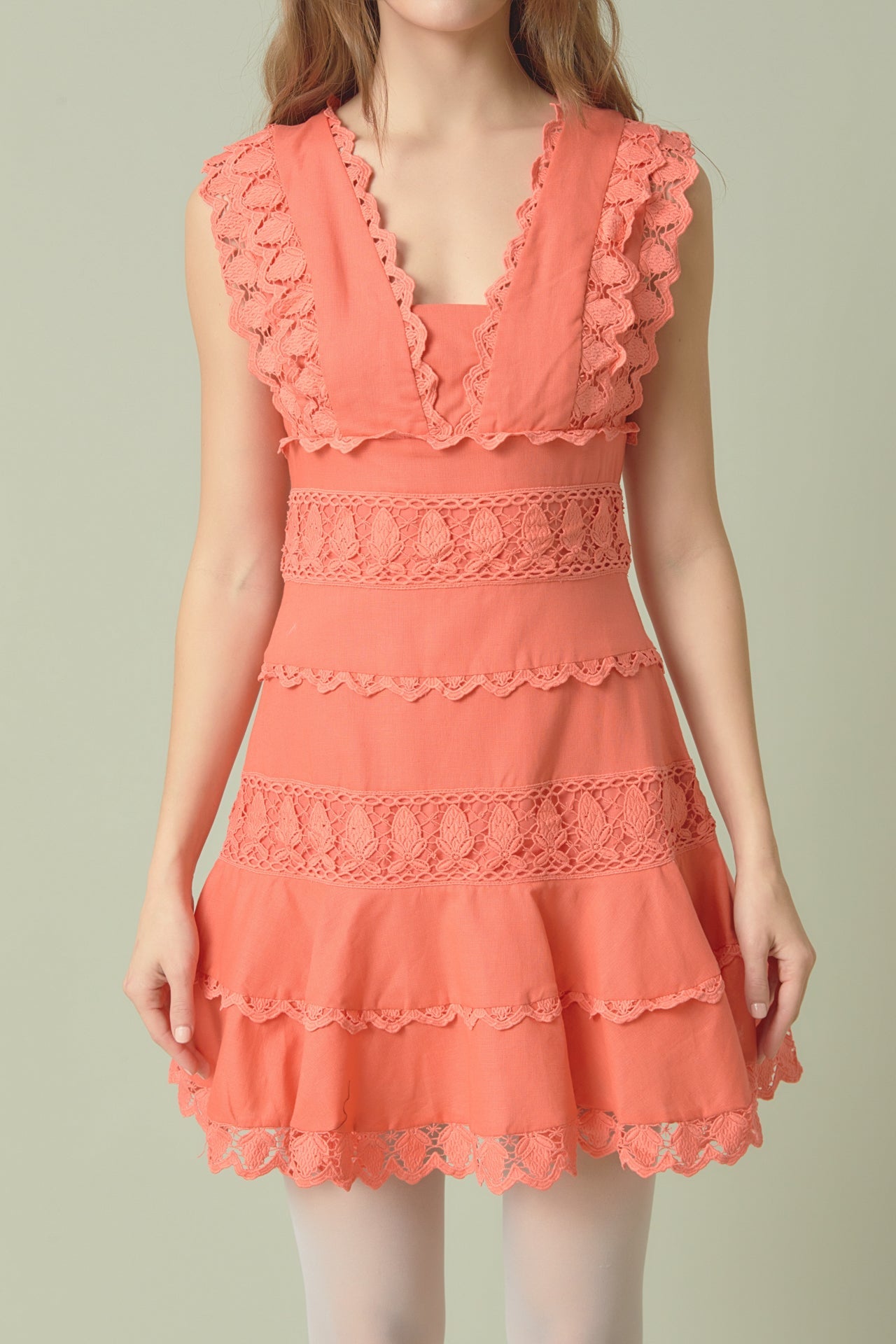 Endless Rose - Plunging Neck Lace Trim Dress