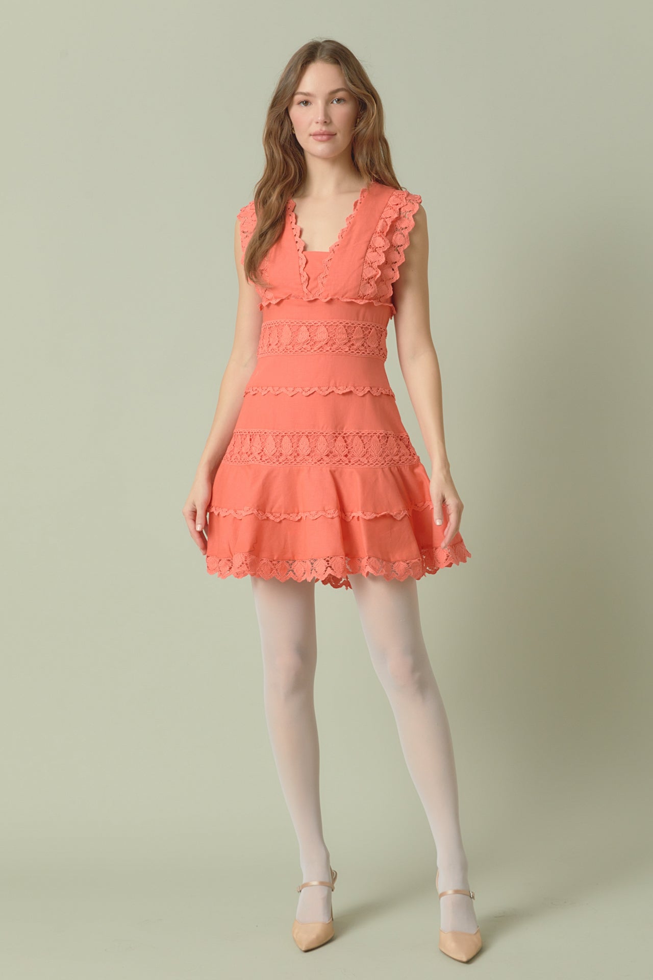 Endless Rose - Plunging Neck Lace Trim Dress