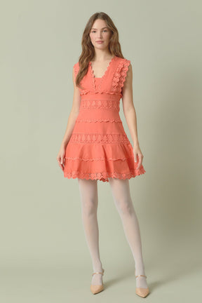 Endless Rose - Plunging Neck Lace Trim Dress