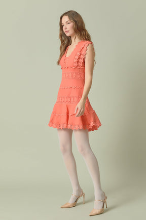 Endless Rose - Plunging Neck Lace Trim Dress