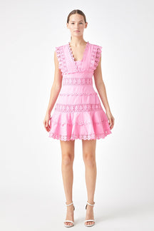 Plunging Neck Lace Trim Dress