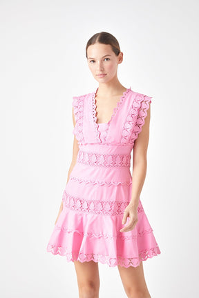 Endless Rose - Plunging Neck Lace Trim Dress