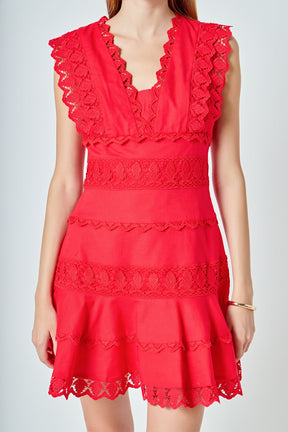 ENDLESS ROSE - Plunging Neck Lace Trim Dress - DRESSES available at Objectrare