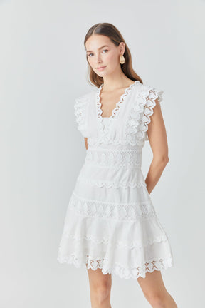 Endless Rose - Plunging Neck Lace Trim Dress