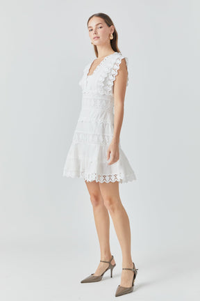 Endless Rose - Plunging Neck Lace Trim Dress