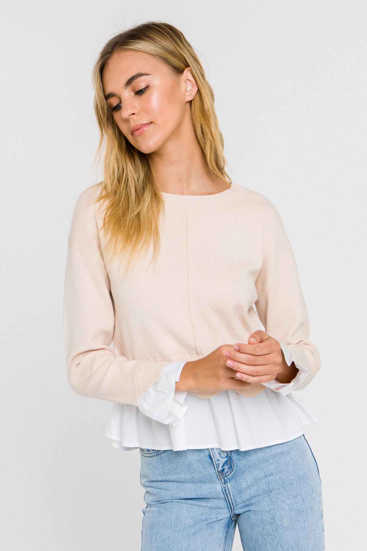 ENGLISH FACTORY - Scalloped Hem Poplin Combo Sweater - SWEATERS & KNITS available at Objectrare