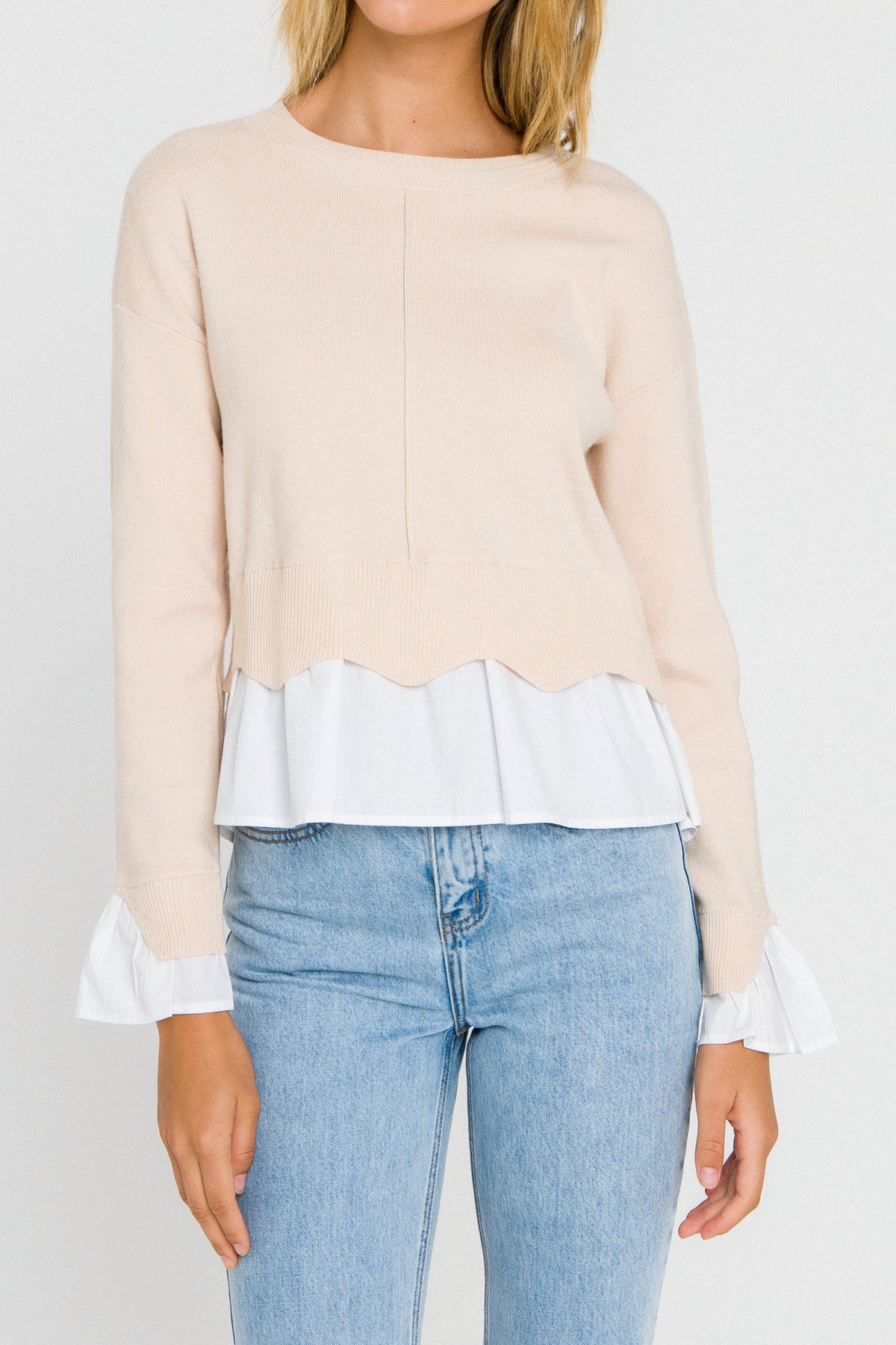 ENGLISH FACTORY - Scalloped Hem Poplin Combo Sweater - SWEATERS & KNITS available at Objectrare