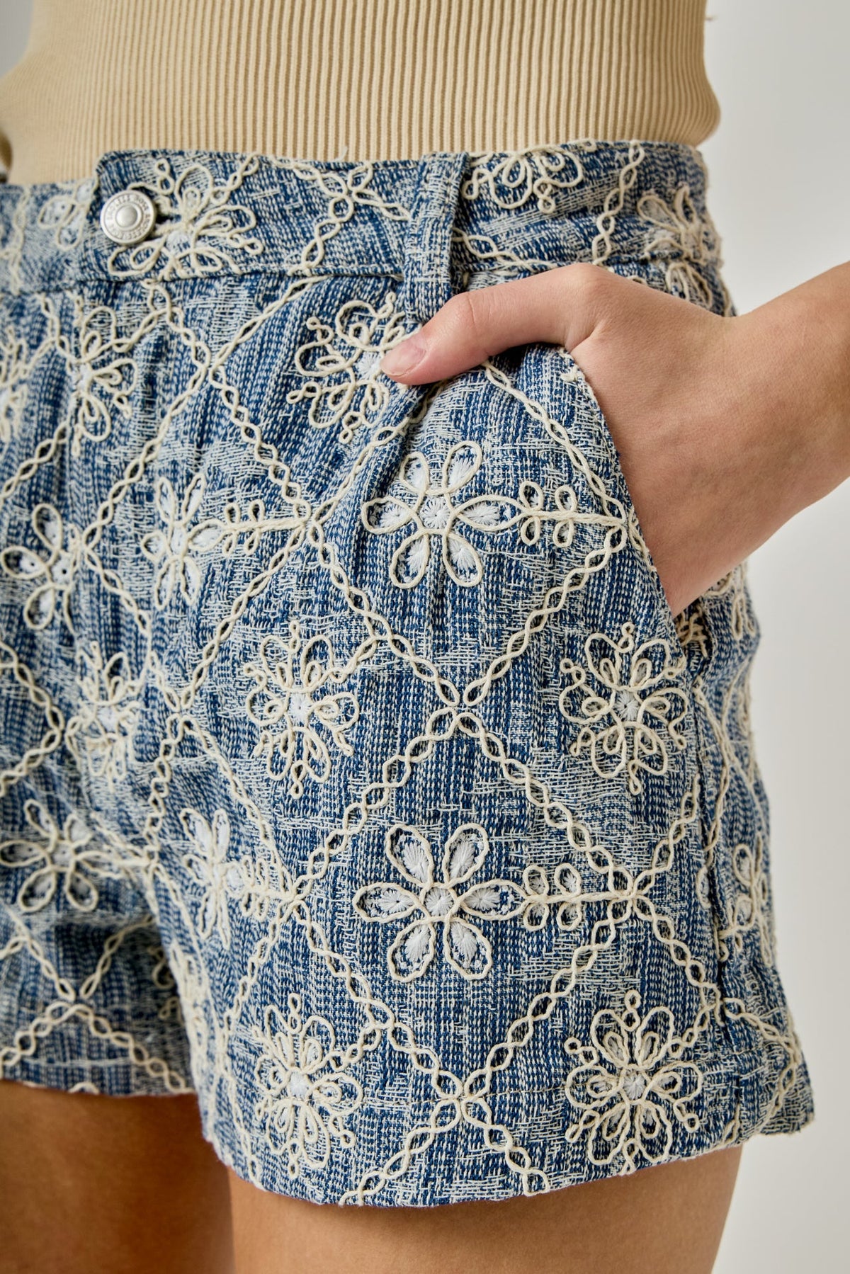 ENDLESS ROSE - Floral Embroidered Denim Micro Shorts - SHORTS available at Objectrare