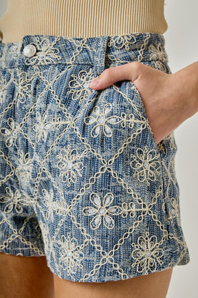 ENDLESS ROSE - Floral Embroidered Denim Micro Shorts - SHORTS available at Objectrare
