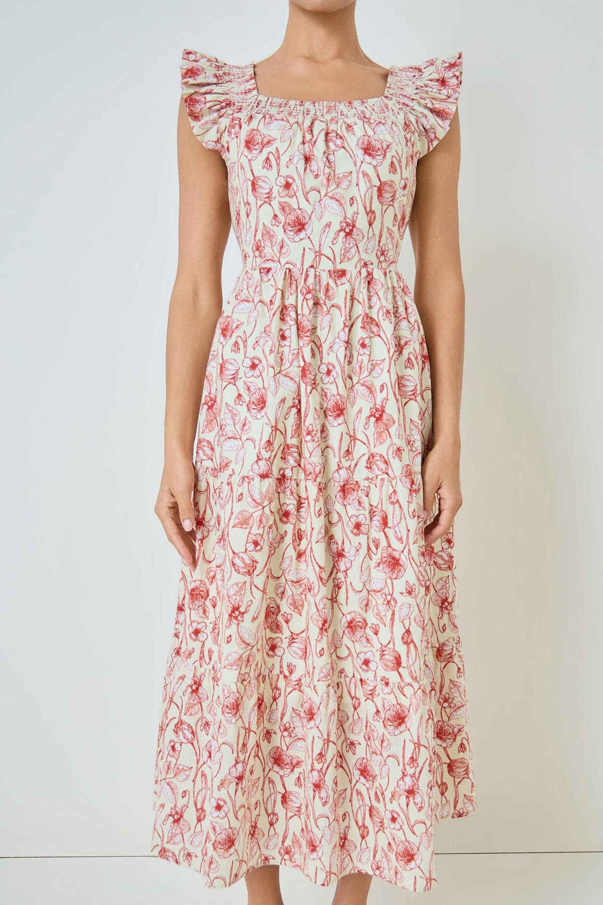 Back Bow Floral Print Midi Dress