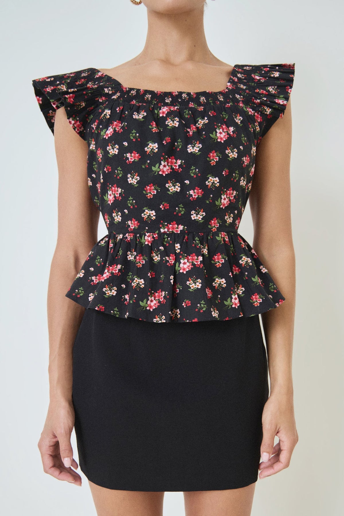 MARSY - Black Bow Floral Print Peplum Top - TOPS available at Objectrare