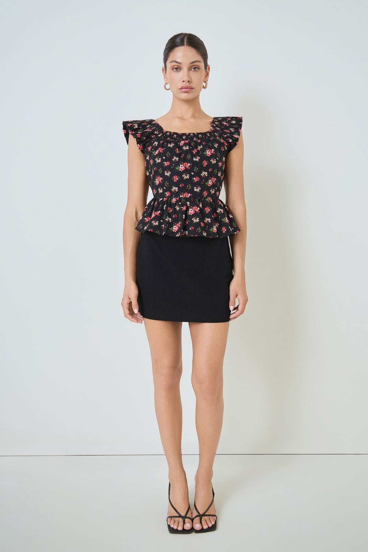 MARSY - Black Bow Floral Print Peplum Top - TOPS available at Objectrare
