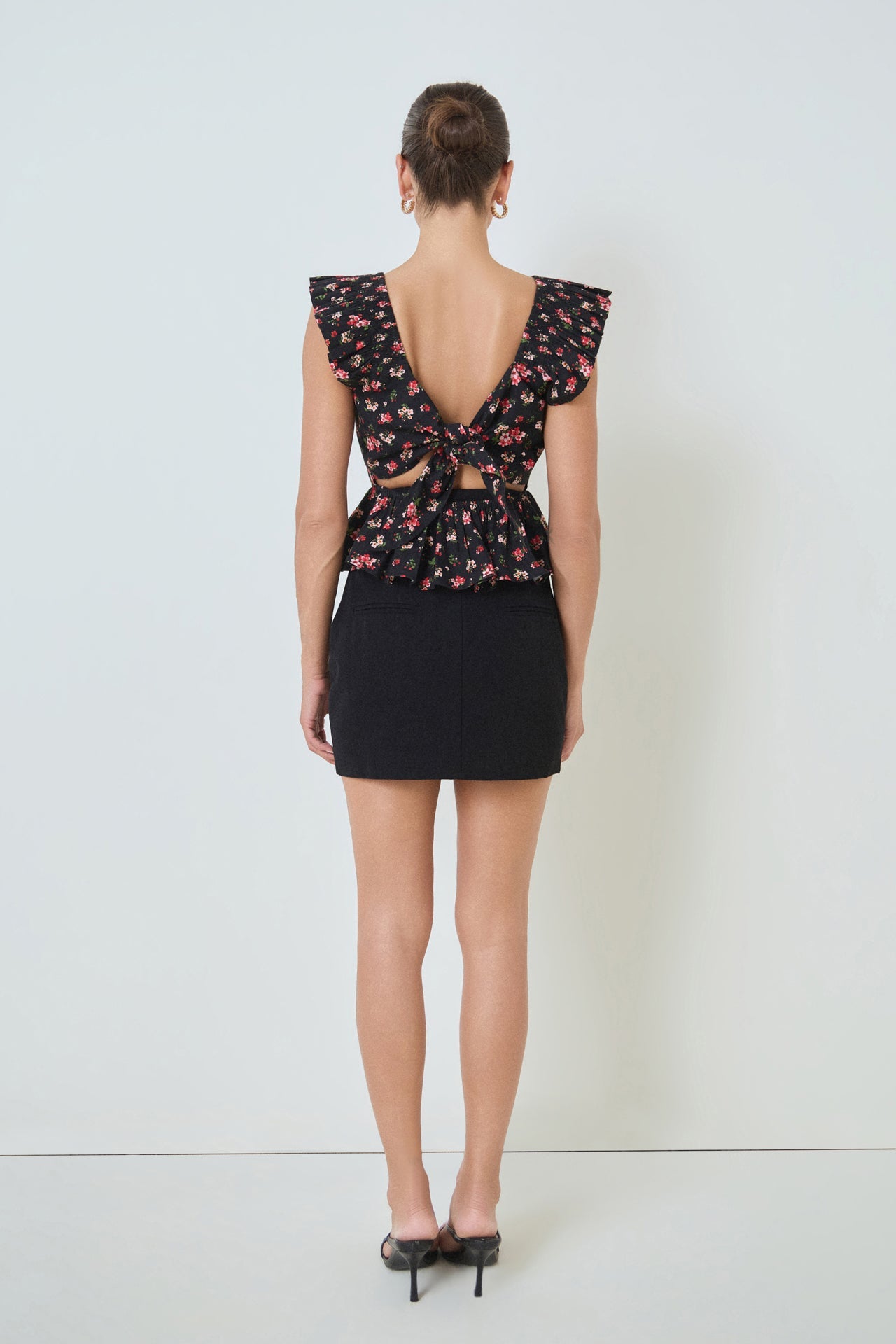 MARSY - Black Bow Floral Print Peplum Top - TOPS available at Objectrare
