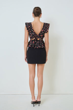 MARSY - Black Bow Floral Print Peplum Top - TOPS available at Objectrare