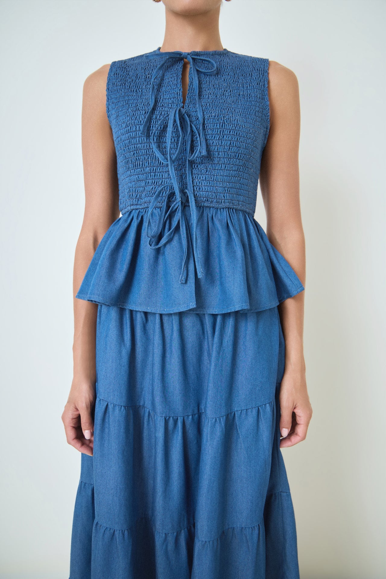 MARSY - Denim Smocked Peplum Top - TOPS available at Objectrare