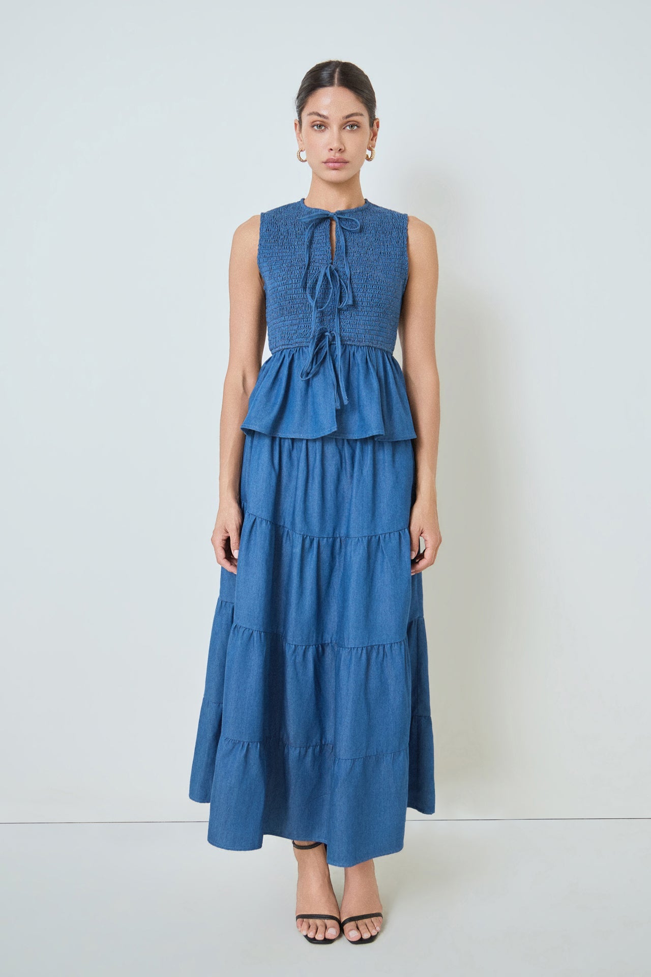 MARSY - Denim Smocked Peplum Top - TOPS available at Objectrare